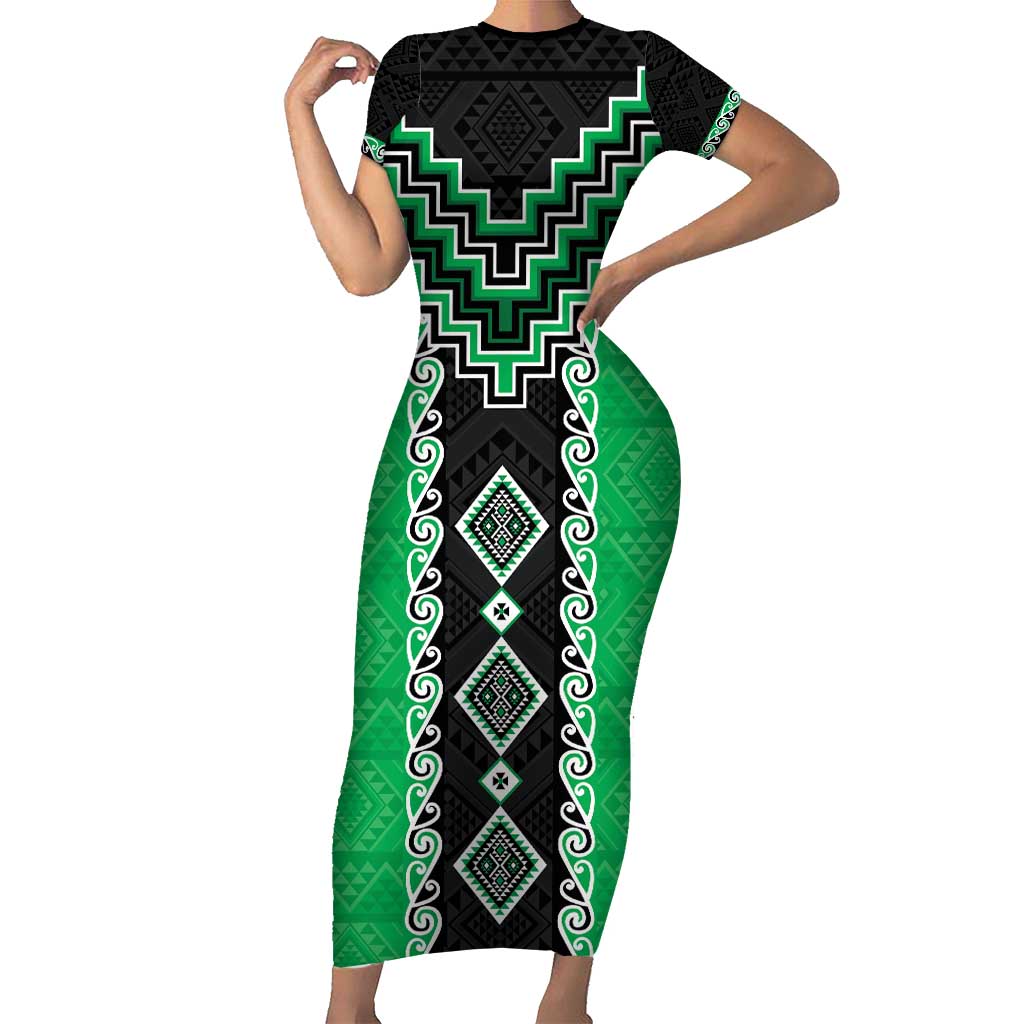 Green Niho Taniwha Mix Poutama Short Sleeve Bodycon Dress Unique Taniko Aotearoa