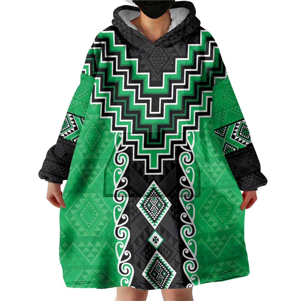 Green Niho Taniwha Mix Poutama Wearable Blanket Hoodie Unique Taniko Aotearoa