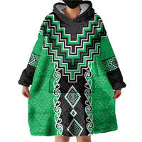 Green Niho Taniwha Mix Poutama Wearable Blanket Hoodie Unique Taniko Aotearoa