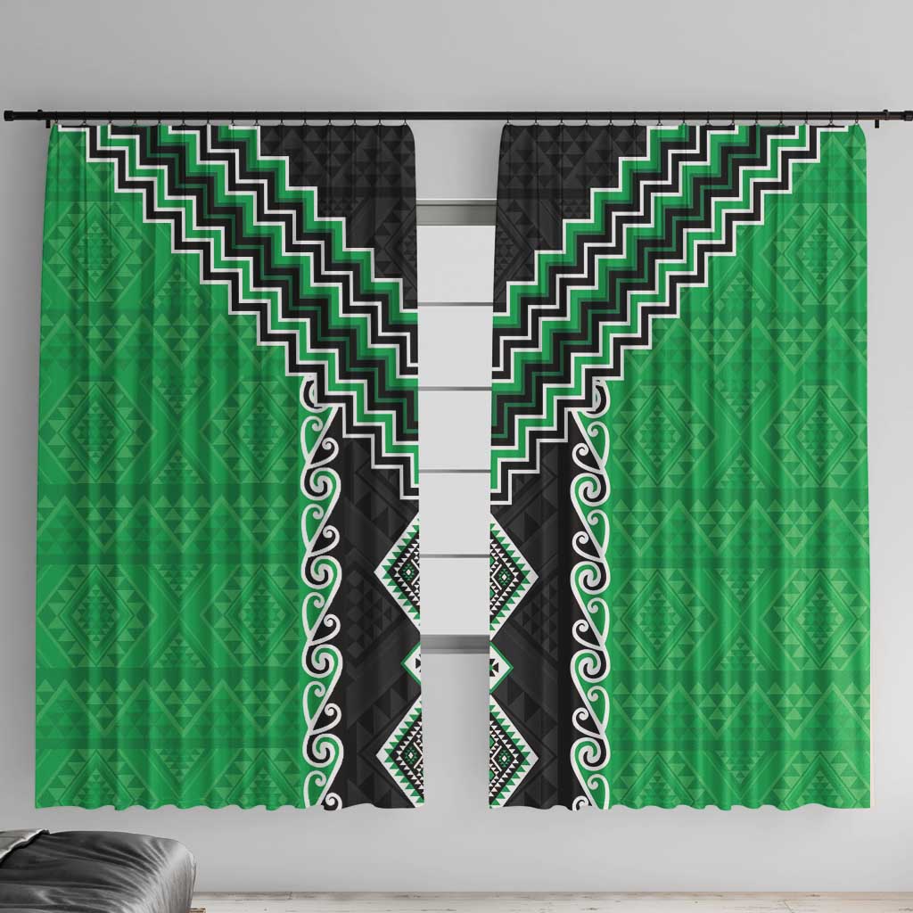 Green Niho Taniwha Mix Poutama Window Curtain Unique Taniko Aotearoa LT01 With Hooks Green - Polynesian Pride
