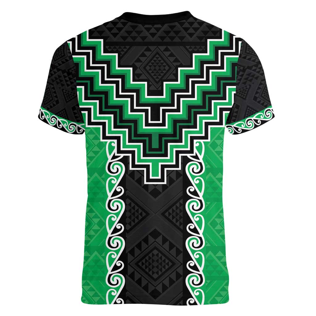 Green Niho Taniwha Mix Poutama Women V-Neck T-Shirt Unique Taniko Aotearoa