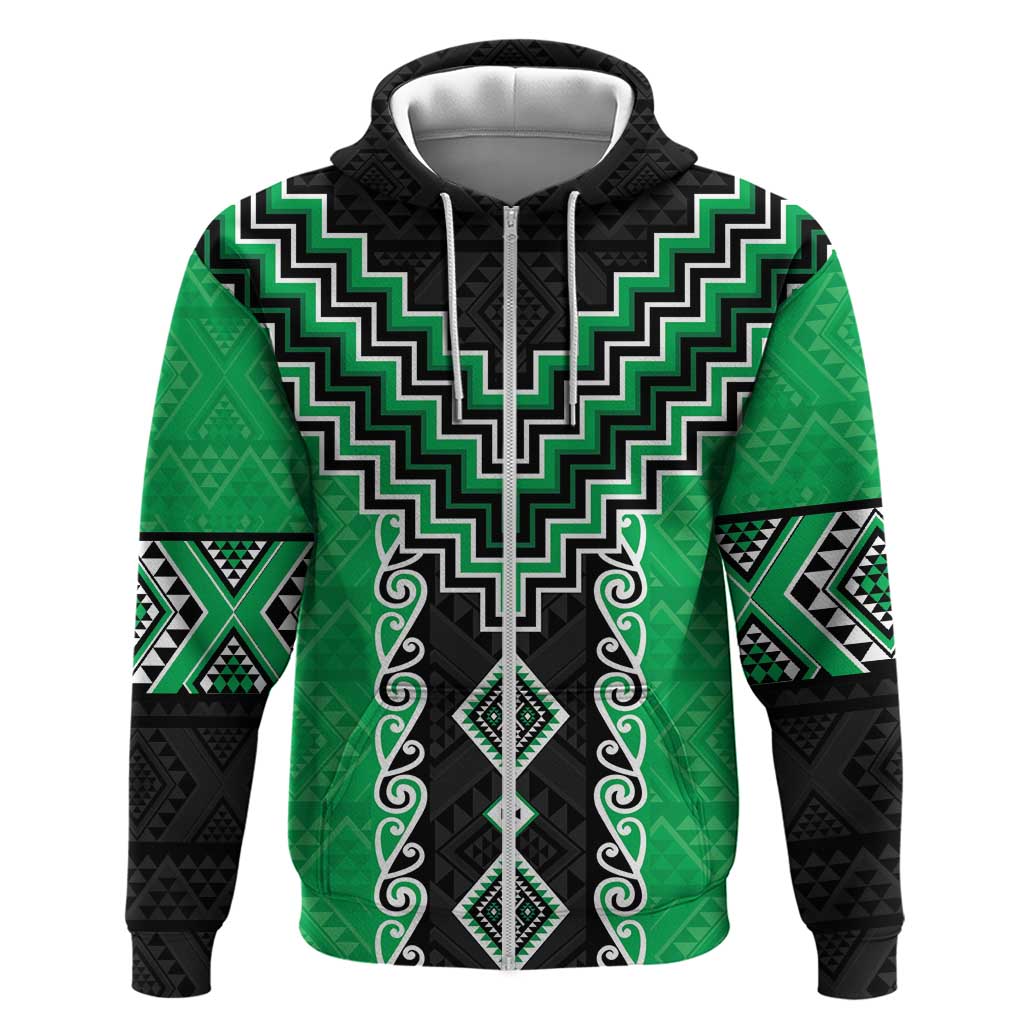 Green Niho Taniwha Mix Poutama Zip Hoodie Unique Taniko Aotearoa LT01 Zip Hoodie Green - Polynesian Pride