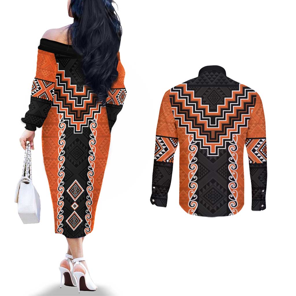 Orange Niho Taniwha Mix Poutama Couples Matching Off The Shoulder Long Sleeve Dress and Long Sleeve Button Shirt Unique Taniko Aotearoa