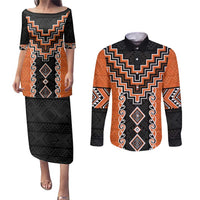 Orange Niho Taniwha Mix Poutama Couples Matching Puletasi and Long Sleeve Button Shirt Unique Taniko Aotearoa LT01 Orange - Polynesian Pride
