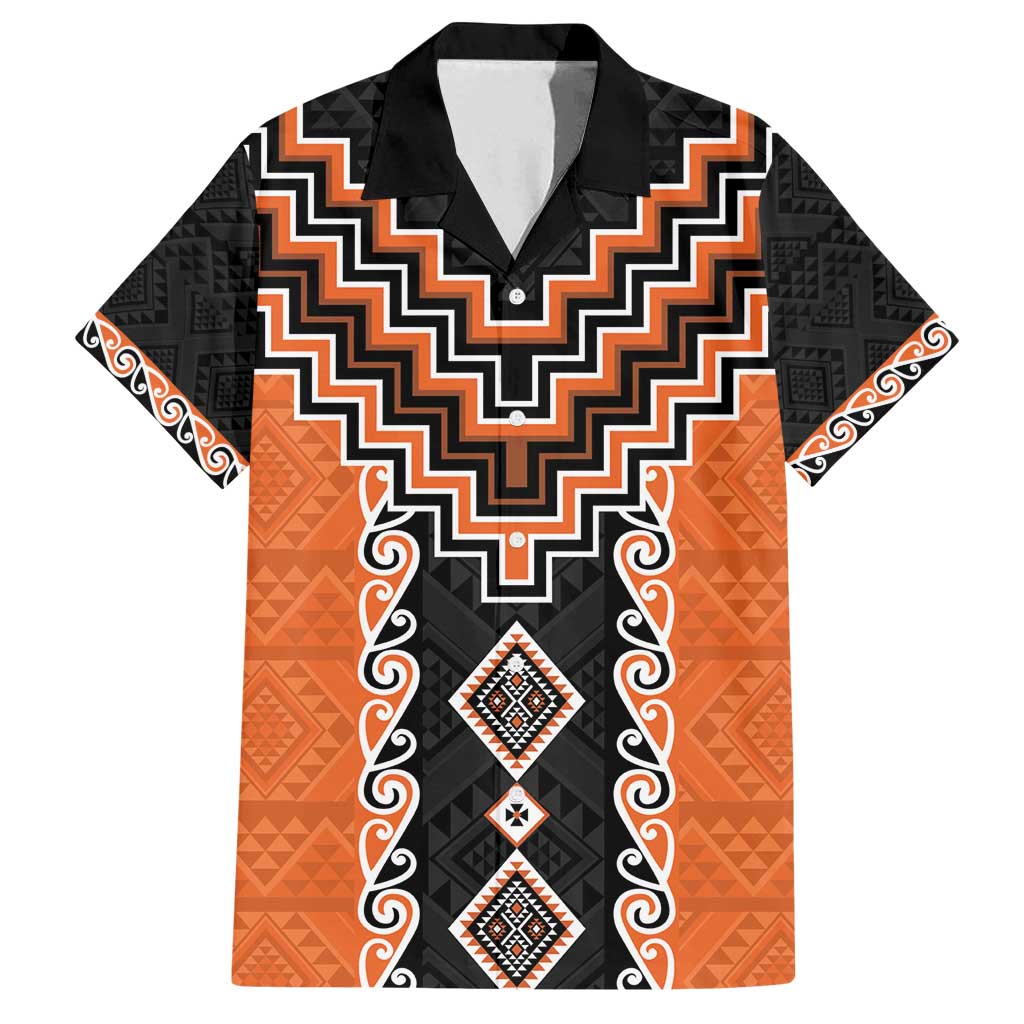 Orange Niho Taniwha Mix Poutama Family Matching Long Sleeve Bodycon Dress and Hawaiian Shirt Unique Taniko Aotearoa
