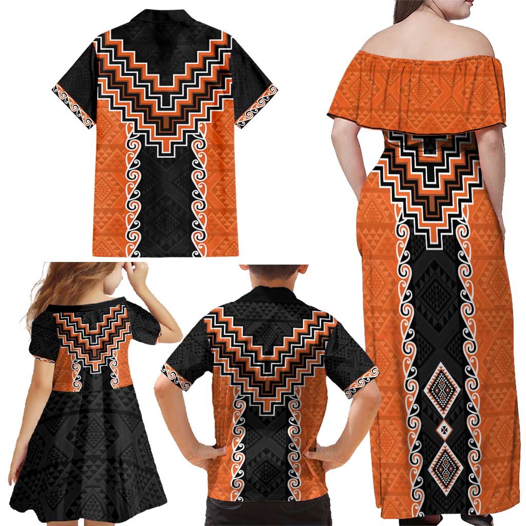Orange Niho Taniwha Mix Poutama Family Matching Off Shoulder Maxi Dress and Hawaiian Shirt Unique Taniko Aotearoa