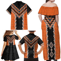 Orange Niho Taniwha Mix Poutama Family Matching Off Shoulder Maxi Dress and Hawaiian Shirt Unique Taniko Aotearoa