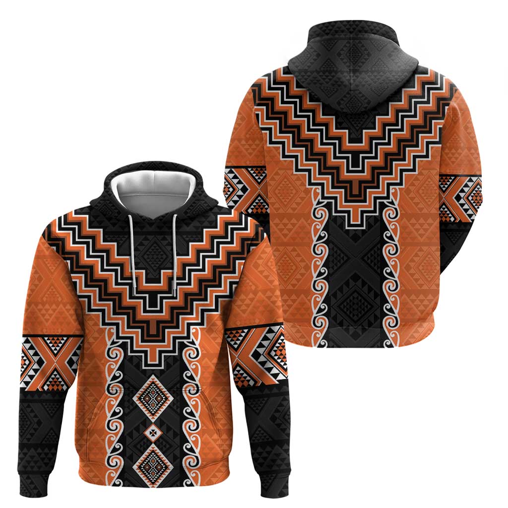 Orange Niho Taniwha Mix Poutama Hoodie Unique Taniko Aotearoa