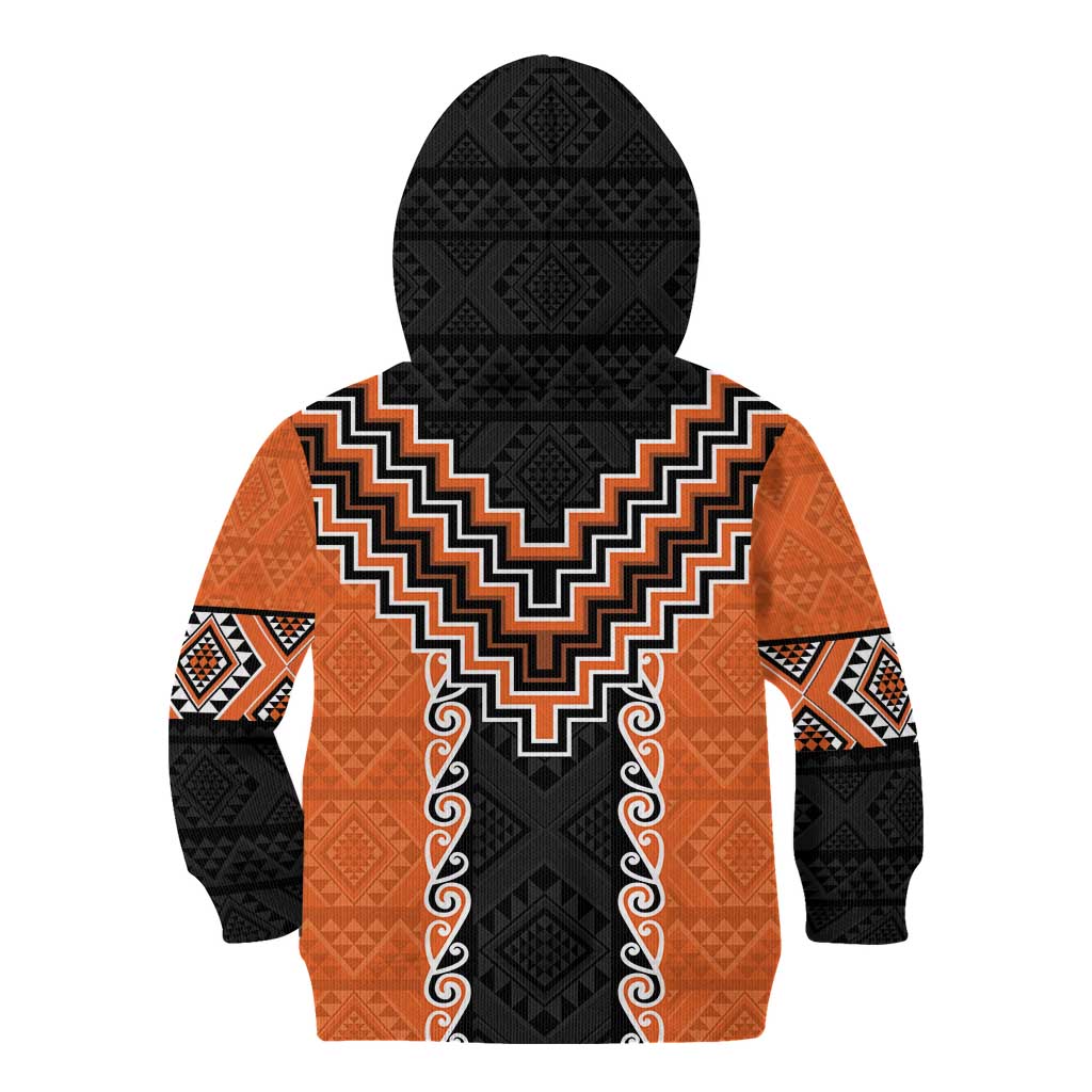 Orange Niho Taniwha Mix Poutama Kid Hoodie Unique Taniko Aotearoa