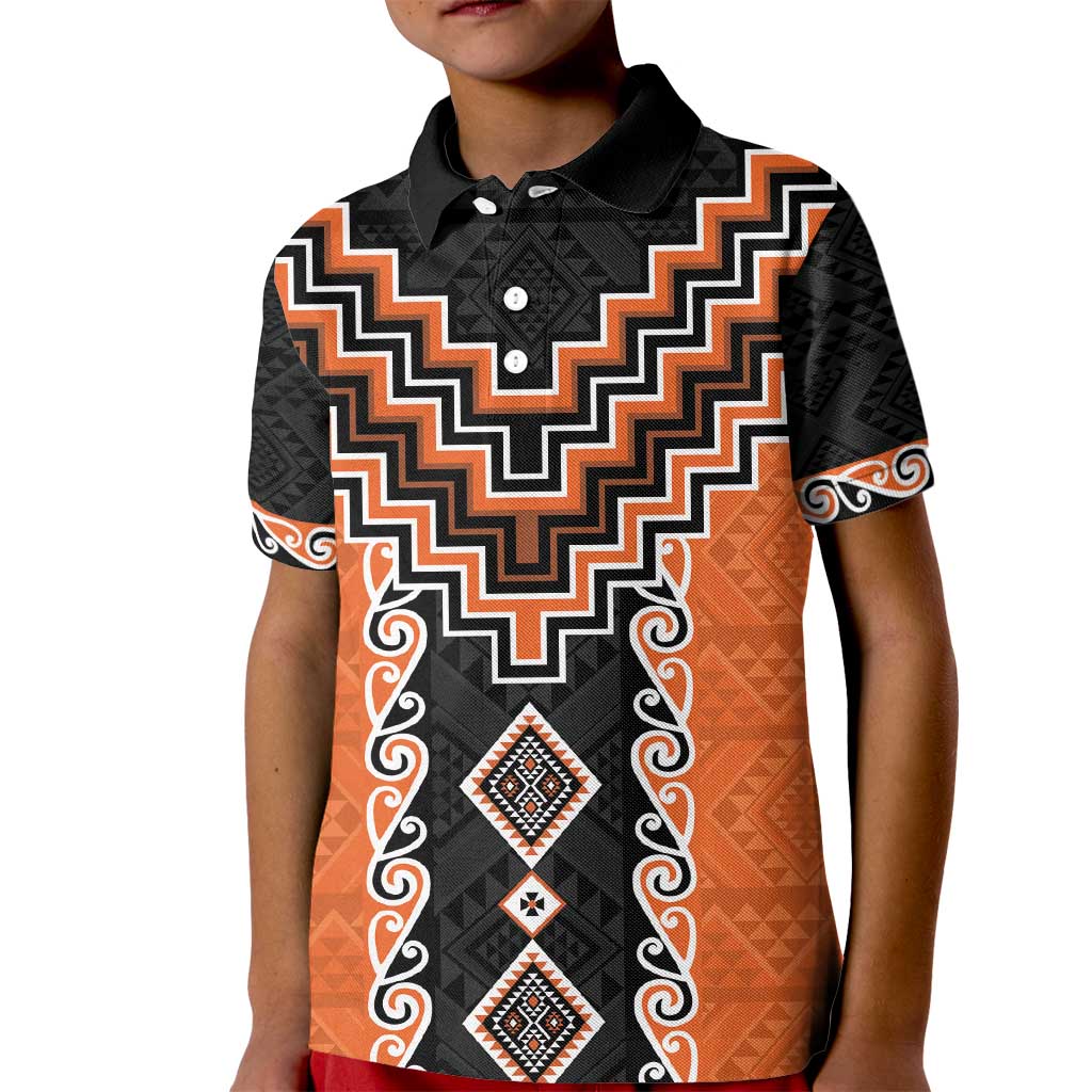 Orange Niho Taniwha Mix Poutama Kid Polo Shirt Unique Taniko Aotearoa LT01 Kid Orange - Polynesian Pride