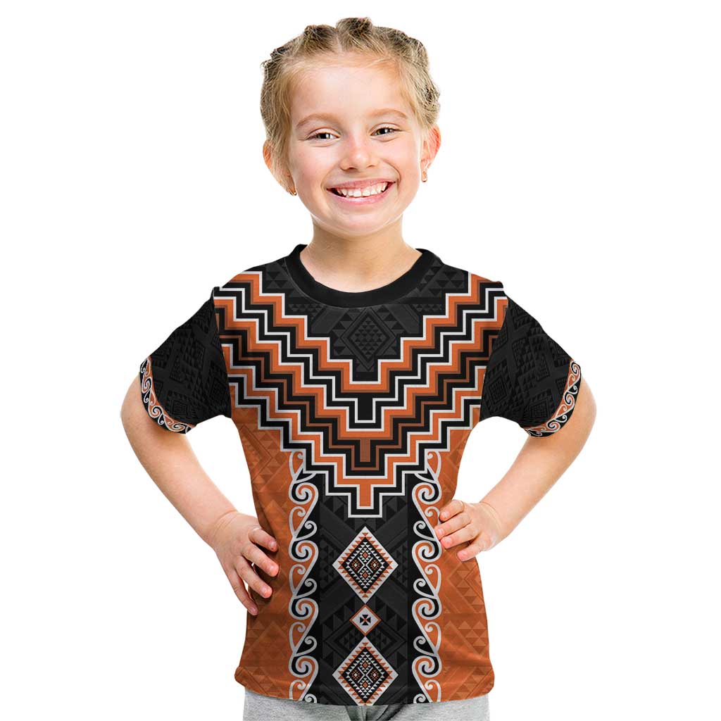 Orange Niho Taniwha Mix Poutama Kid T Shirt Unique Taniko Aotearoa LT01 Orange - Polynesian Pride