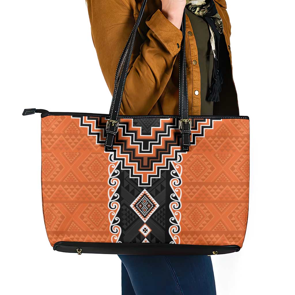 Orange Niho Taniwha Mix Poutama Leather Tote Bag Unique Taniko Aotearoa