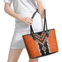 Orange Niho Taniwha Mix Poutama Leather Tote Bag Unique Taniko Aotearoa