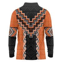 Orange Niho Taniwha Mix Poutama Long Sleeve Polo Shirt Unique Taniko Aotearoa