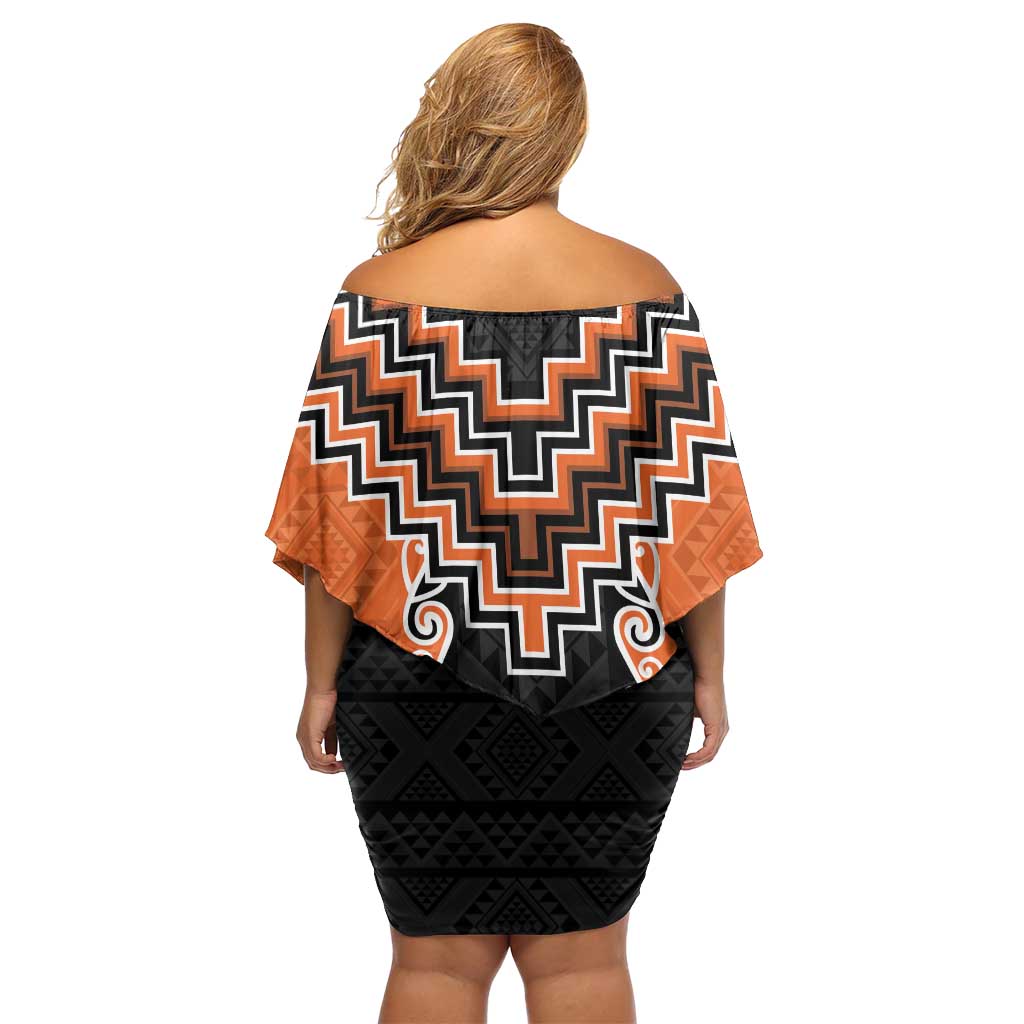 Orange Niho Taniwha Mix Poutama Off Shoulder Short Dress Unique Taniko Aotearoa