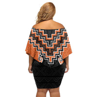 Orange Niho Taniwha Mix Poutama Off Shoulder Short Dress Unique Taniko Aotearoa