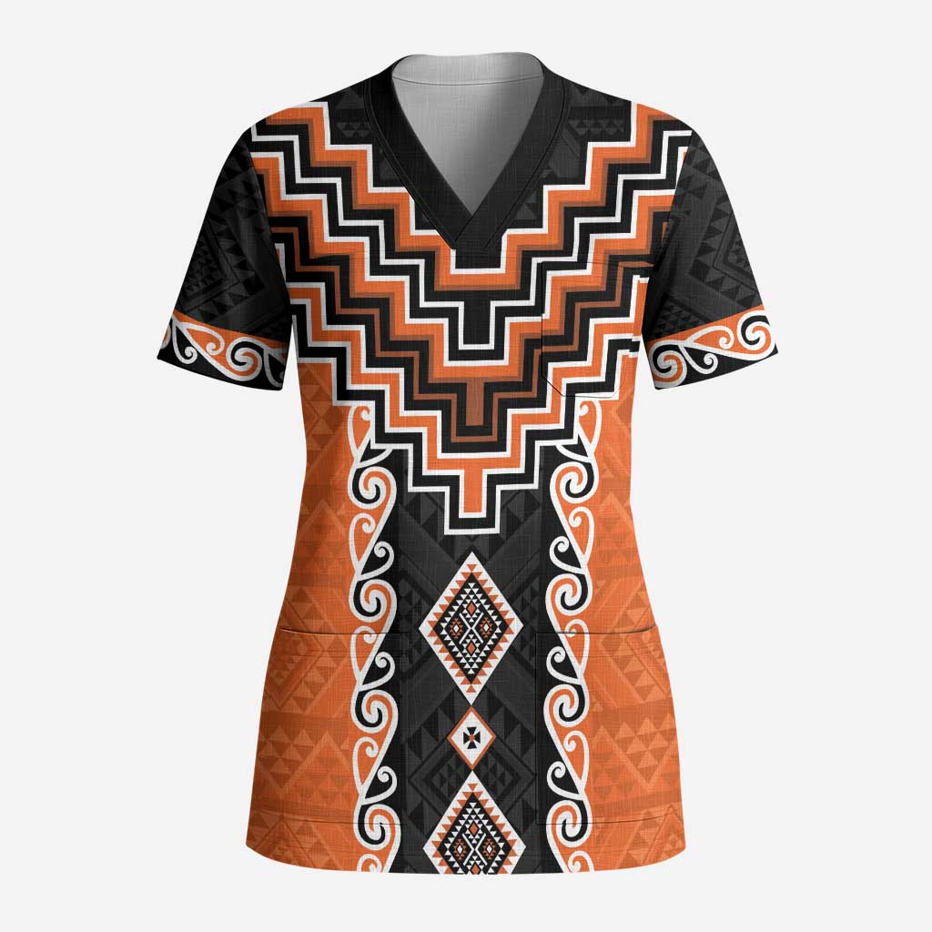 Orange Niho Taniwha Mix Poutama Scrub Top Unique Taniko Aotearoa - Polynesian Pride
