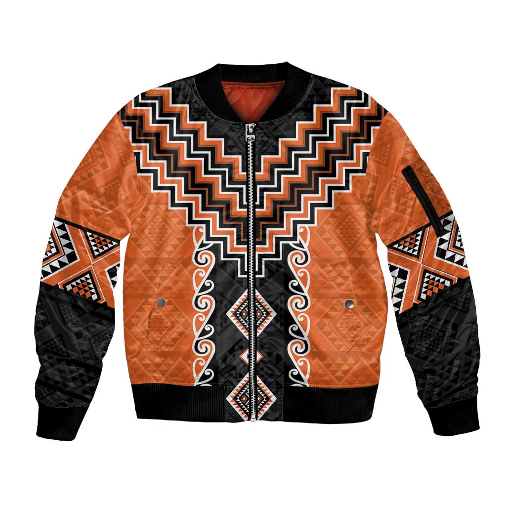 Orange Niho Taniwha Mix Poutama Sleeve Zip Bomber Jacket Unique Taniko Aotearoa LT01 Unisex Orange - Polynesian Pride