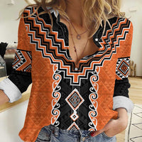 Orange Niho Taniwha Mix Poutama Women Casual Shirt Unique Taniko Aotearoa