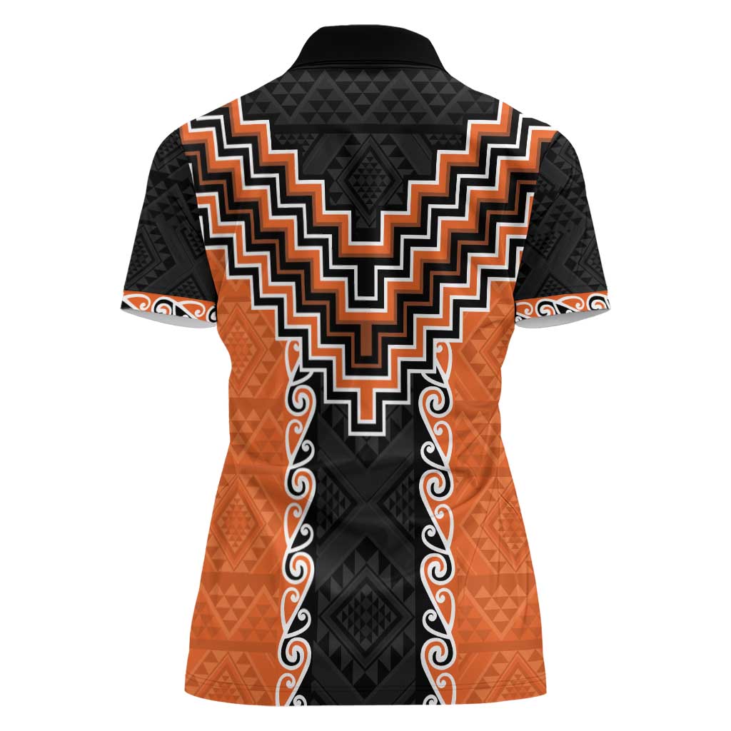 Orange Niho Taniwha Mix Poutama Women Polo Shirt Unique Taniko Aotearoa