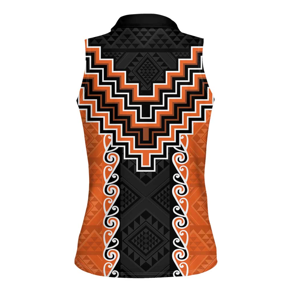 Orange Niho Taniwha Mix Poutama Women Sleeveless Polo Shirt Unique Taniko Aotearoa