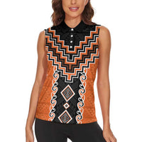 Orange Niho Taniwha Mix Poutama Women Sleeveless Polo Shirt Unique Taniko Aotearoa