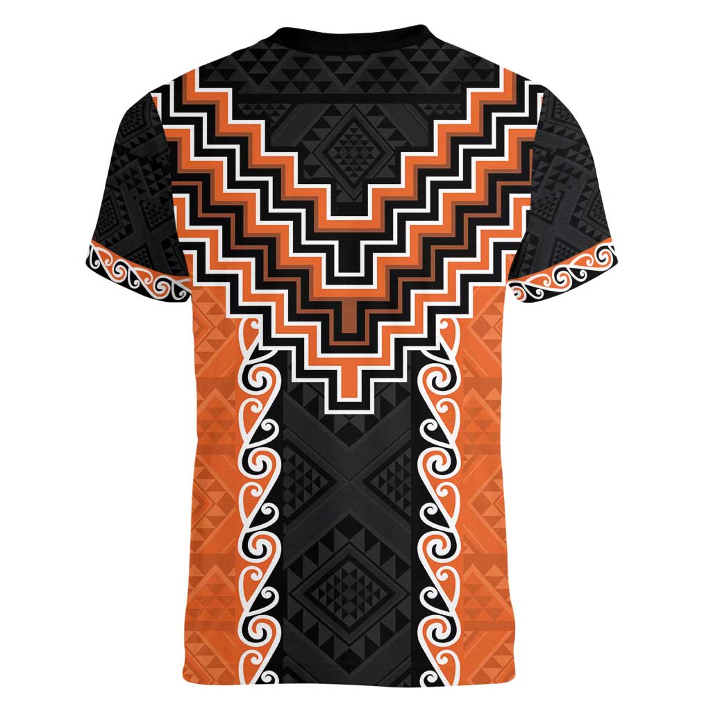 Orange Niho Taniwha Mix Poutama Women V-Neck T-Shirt Unique Taniko Aotearoa