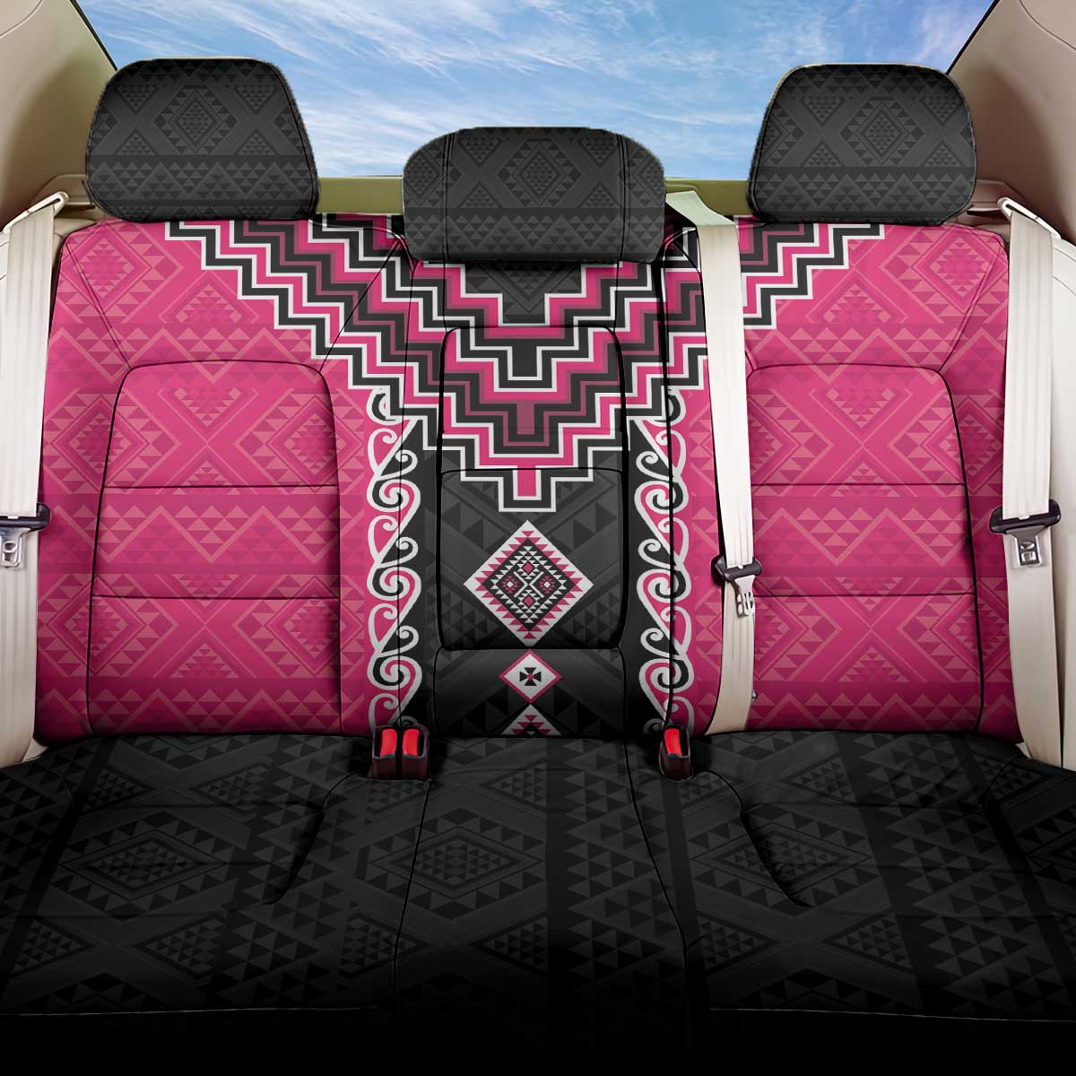 Pink Niho Taniwha Mix Poutama Back Car Seat Cover Unique Taniko Aotearoa
