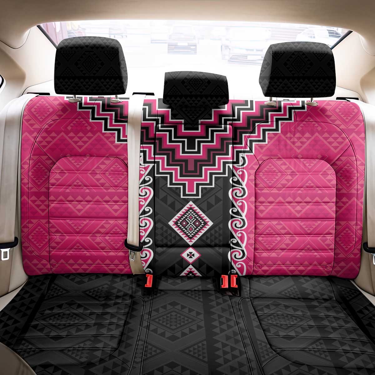 Pink Niho Taniwha Mix Poutama Back Car Seat Cover Unique Taniko Aotearoa