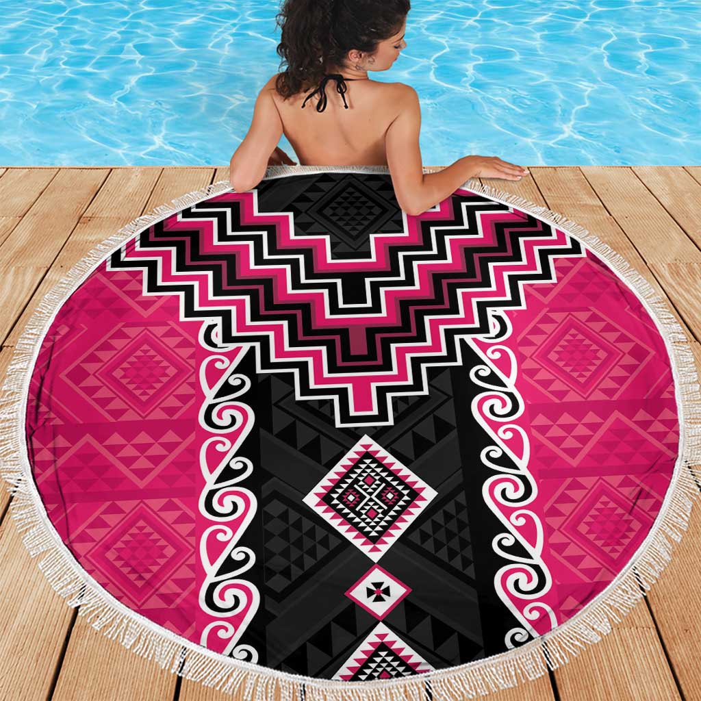 Pink Niho Taniwha Mix Poutama Beach Blanket Unique Taniko Aotearoa
