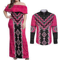 Pink Niho Taniwha Mix Poutama Couples Matching Off Shoulder Maxi Dress and Long Sleeve Button Shirt Unique Taniko Aotearoa LT01 Pink - Polynesian Pride