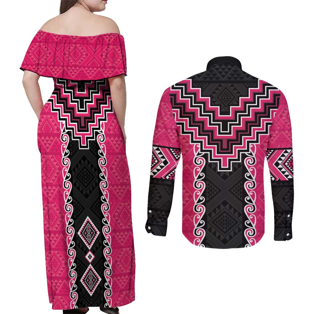 Pink Niho Taniwha Mix Poutama Couples Matching Off Shoulder Maxi Dress and Long Sleeve Button Shirt Unique Taniko Aotearoa LT01 - Polynesian Pride
