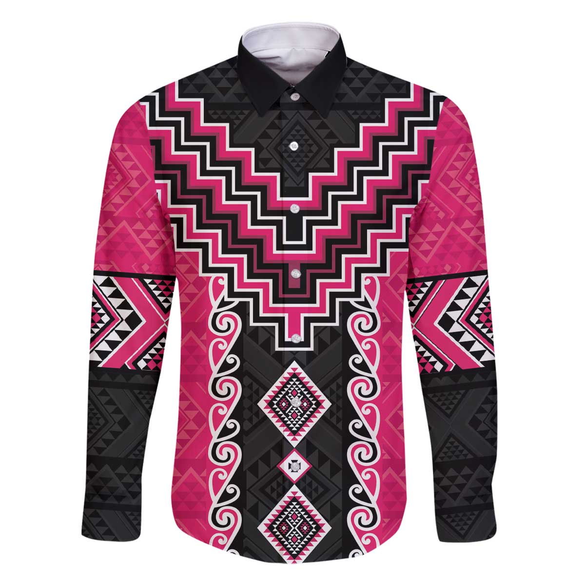 Pink Niho Taniwha Mix Poutama Family Matching Off The Shoulder Long Sleeve Dress and Hawaiian Shirt Unique Taniko Aotearoa