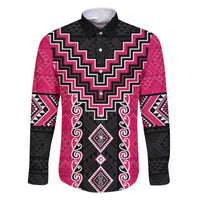 Pink Niho Taniwha Mix Poutama Family Matching Off Shoulder Short Dress and Hawaiian Shirt Unique Taniko Aotearoa