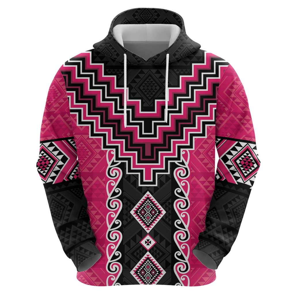 Pink Niho Taniwha Mix Poutama Hoodie Unique Taniko Aotearoa