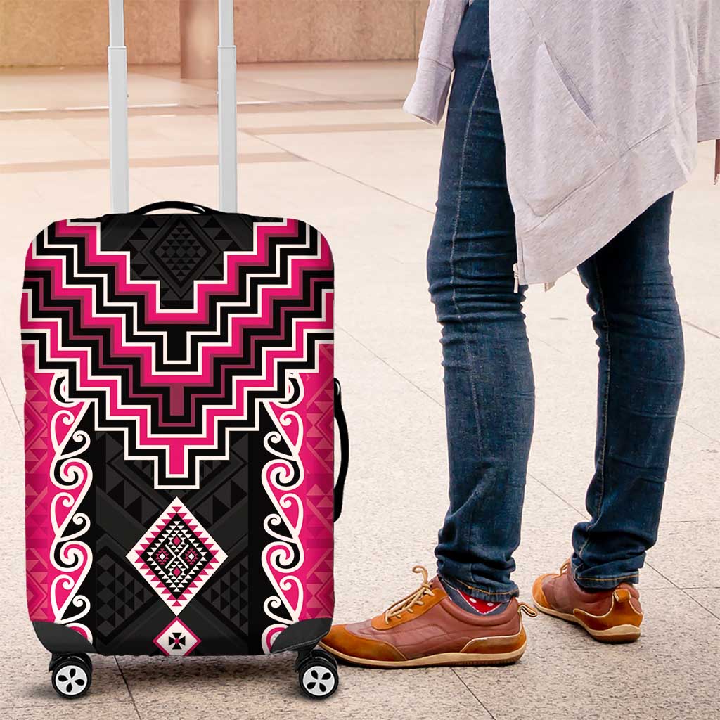 Pink Niho Taniwha Mix Poutama Luggage Cover Unique Taniko Aotearoa LT01 Pink - Polynesian Pride