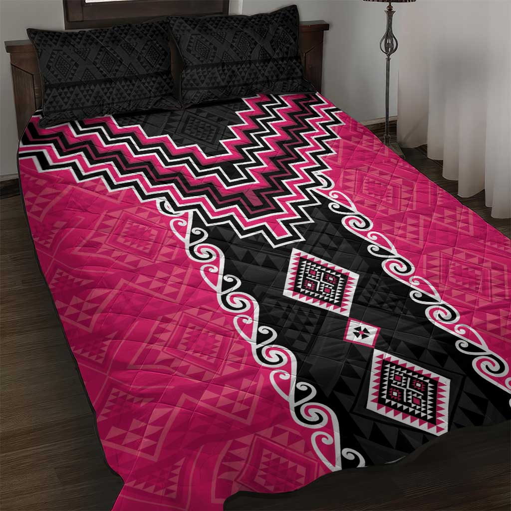Pink Niho Taniwha Mix Poutama Quilt Bed Set Unique Taniko Aotearoa LT01 Pink - Polynesian Pride
