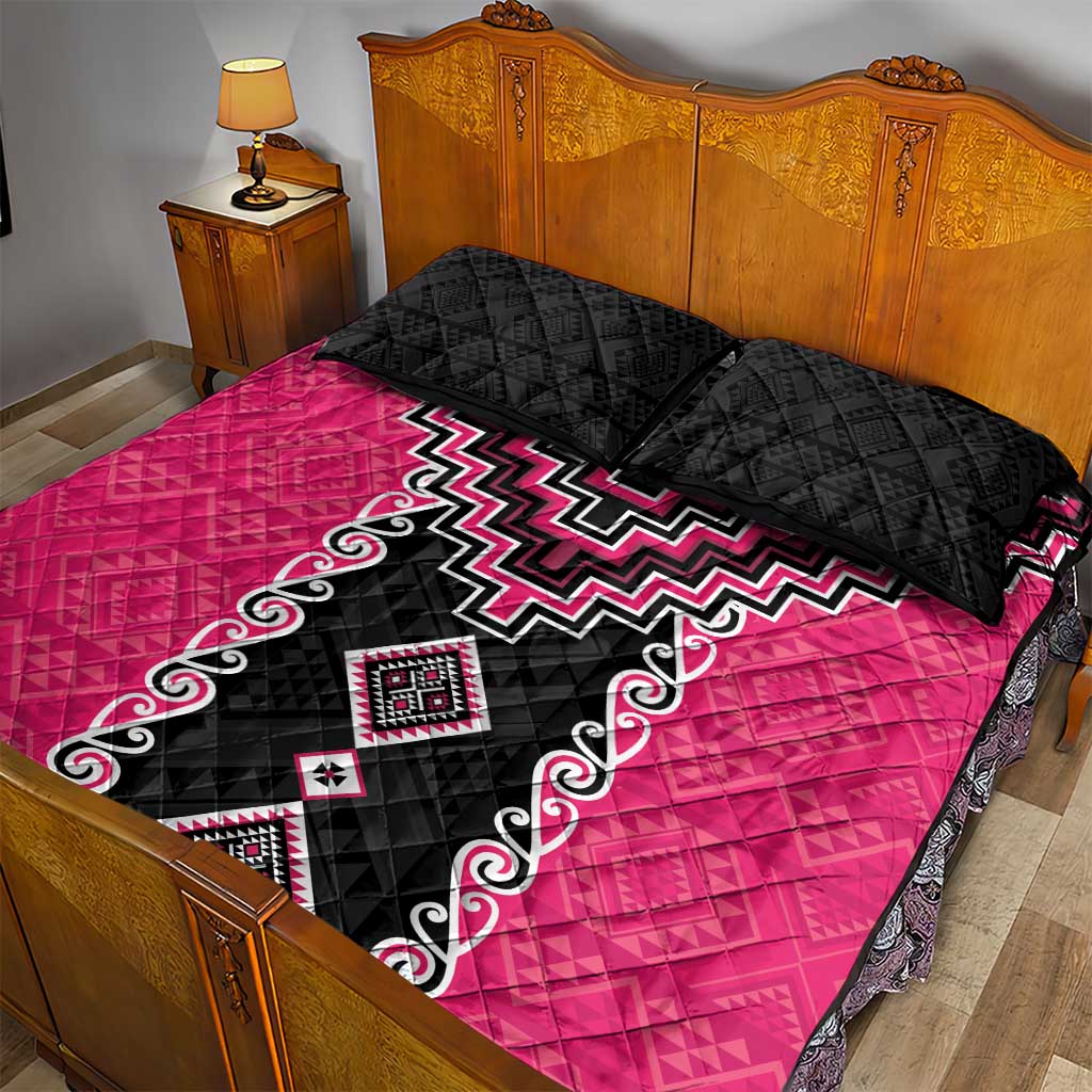 Pink Niho Taniwha Mix Poutama Quilt Bed Set Unique Taniko Aotearoa