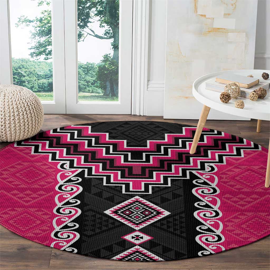 Pink Niho Taniwha Mix Poutama Round Carpet Unique Taniko Aotearoa LT01 - Polynesian Pride