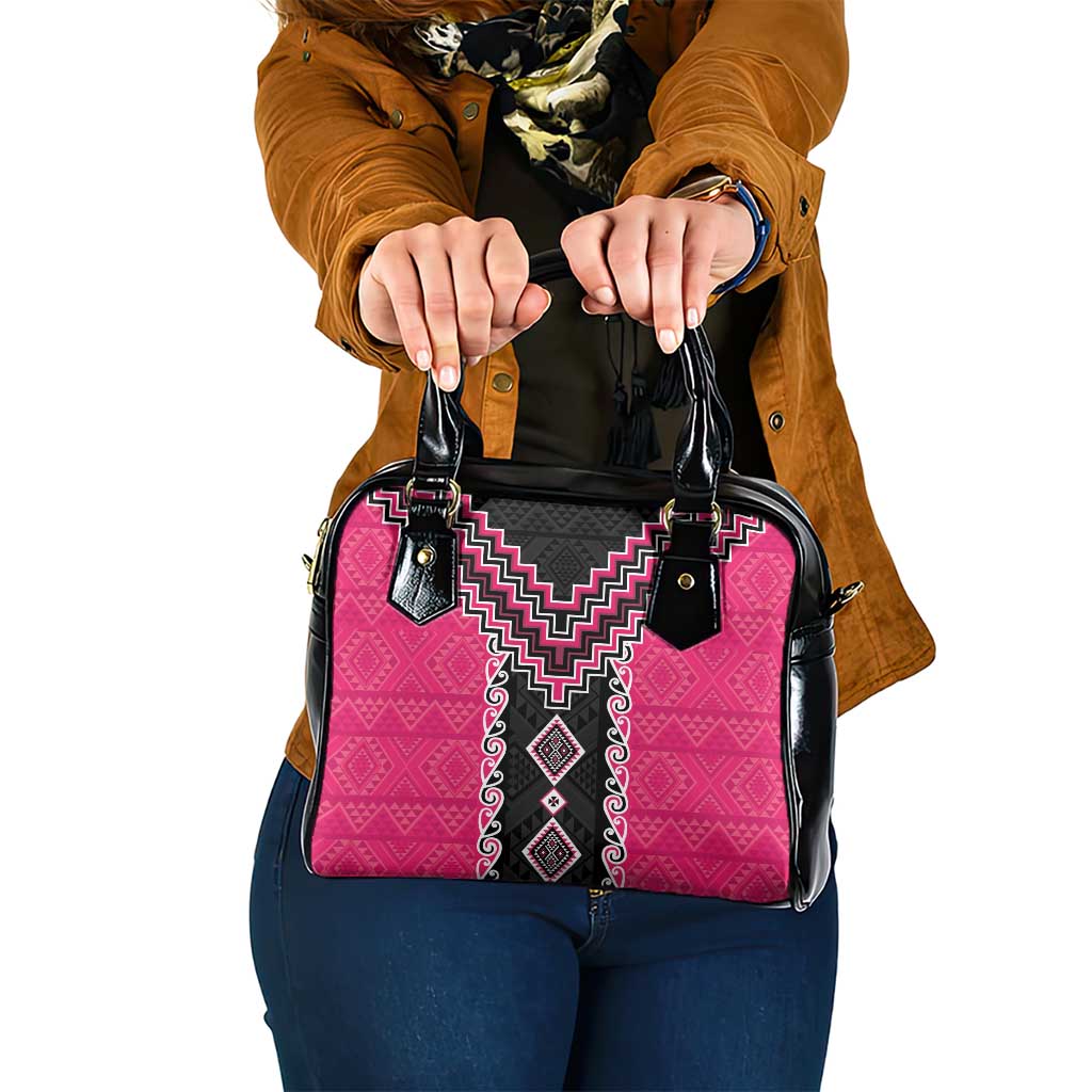 Pink Niho Taniwha Mix Poutama Shoulder Handbag Unique Taniko Aotearoa LT01 One Size Pink - Polynesian Pride