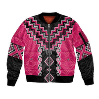 Pink Niho Taniwha Mix Poutama Sleeve Zip Bomber Jacket Unique Taniko Aotearoa LT01 Unisex Pink - Polynesian Pride