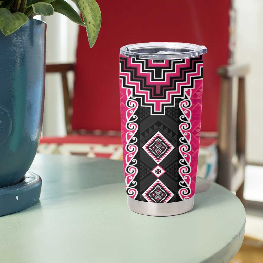 Pink Niho Taniwha Mix Poutama Tumbler Cup Unique Taniko Aotearoa