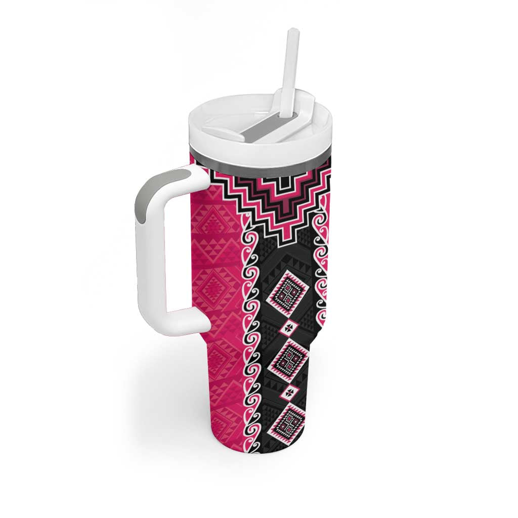 Pink Niho Taniwha Mix Poutama Tumbler With Handle Unique Taniko Aotearoa