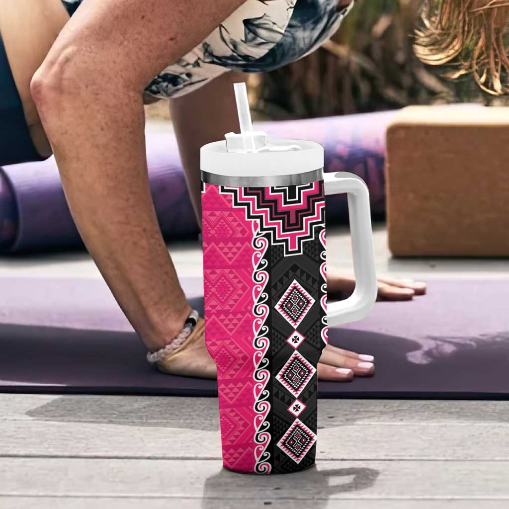 Pink Niho Taniwha Mix Poutama Tumbler With Handle Unique Taniko Aotearoa