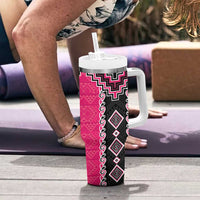 Pink Niho Taniwha Mix Poutama Tumbler With Handle Unique Taniko Aotearoa