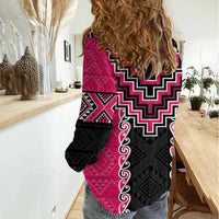 Pink Niho Taniwha Mix Poutama Women Casual Shirt Unique Taniko Aotearoa