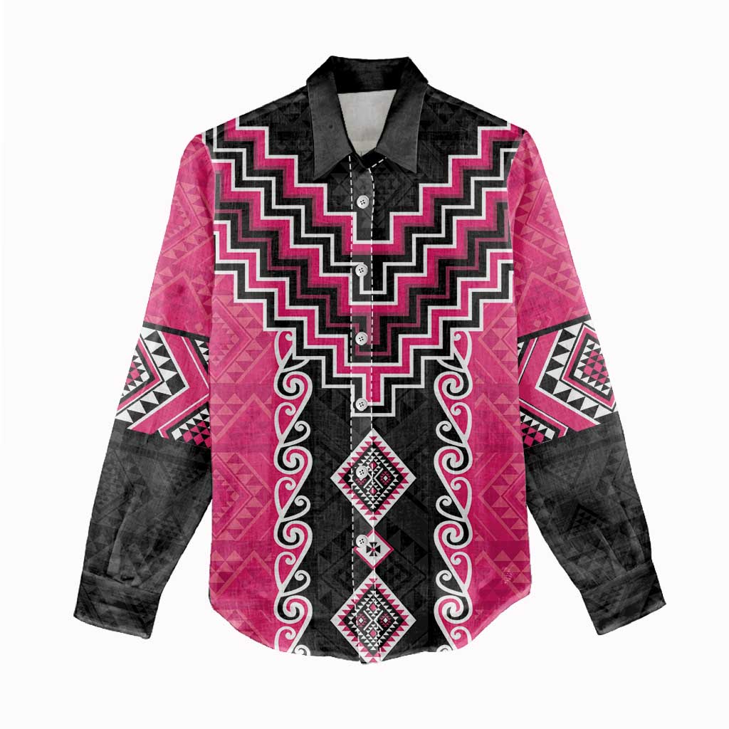 Pink Niho Taniwha Mix Poutama Women Casual Shirt Unique Taniko Aotearoa