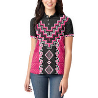 Pink Niho Taniwha Mix Poutama Women Polo Shirt Unique Taniko Aotearoa