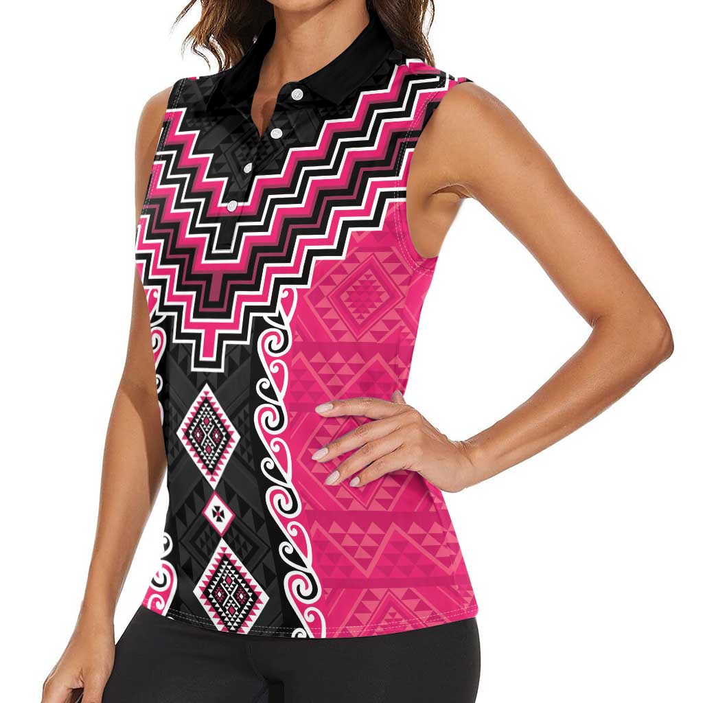 Pink Niho Taniwha Mix Poutama Women Sleeveless Polo Shirt Unique Taniko Aotearoa