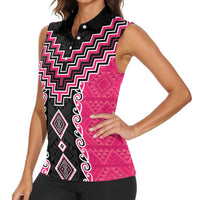 Pink Niho Taniwha Mix Poutama Women Sleeveless Polo Shirt Unique Taniko Aotearoa